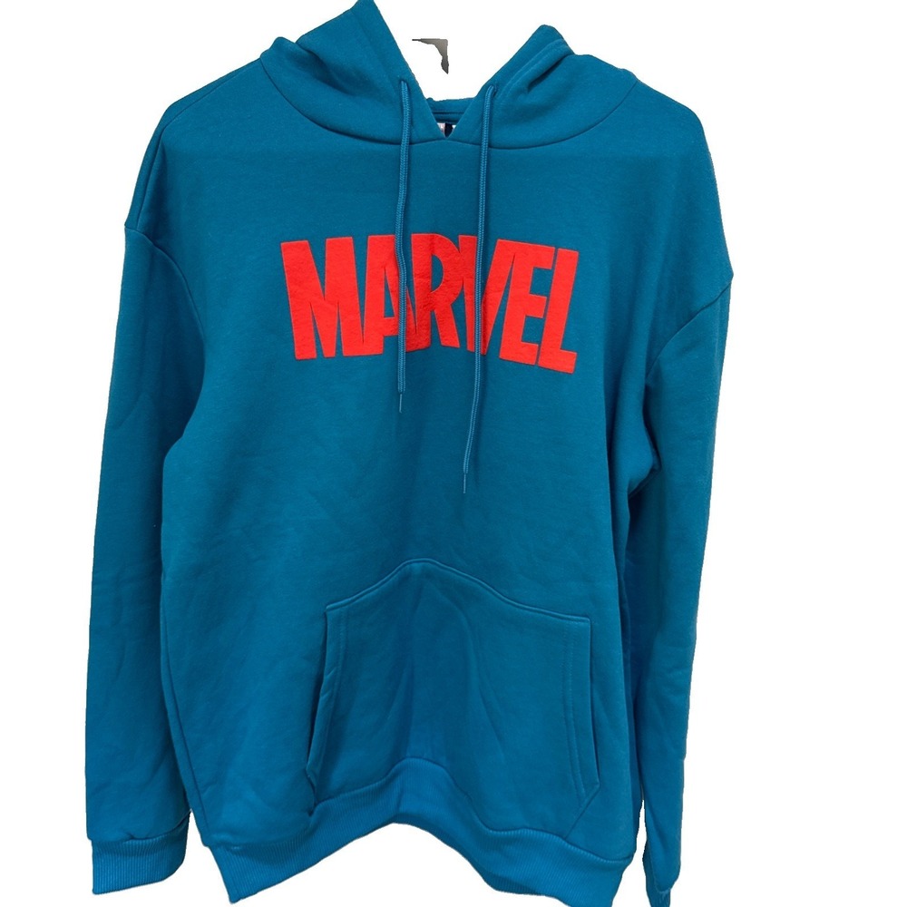 Marvel Heroes Character Line Up Fleece Pullover‎ Hoodie Front Pouch Mens L New